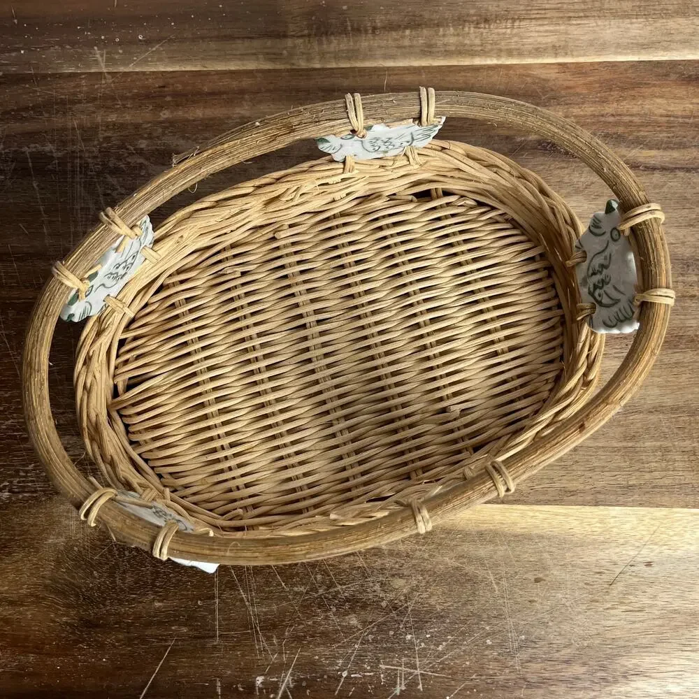 Vintage Wicker Basket w/ White & Sage Green Ceramic Chicken Accents Farmhouse